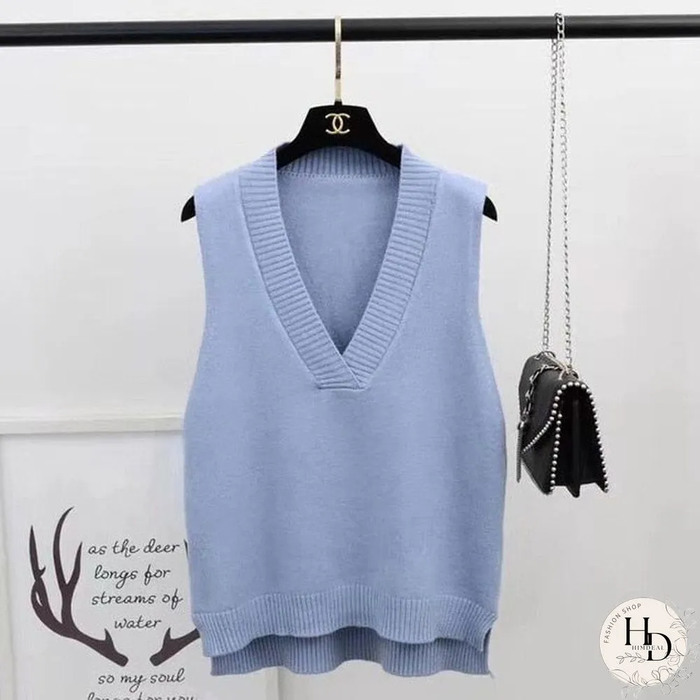 Sweater Vest Women Solid V-Neck Loose Plus Size 3XL Simple Classic Elegant Office Ladies