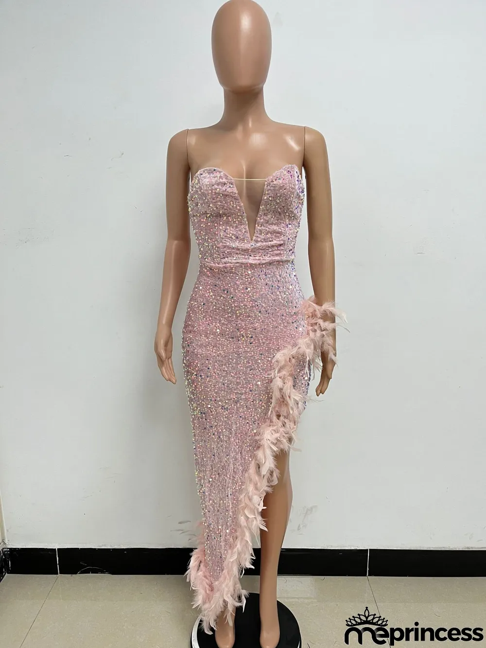 Women Sexy Off Shoulder Backless Sequin Feather Dress