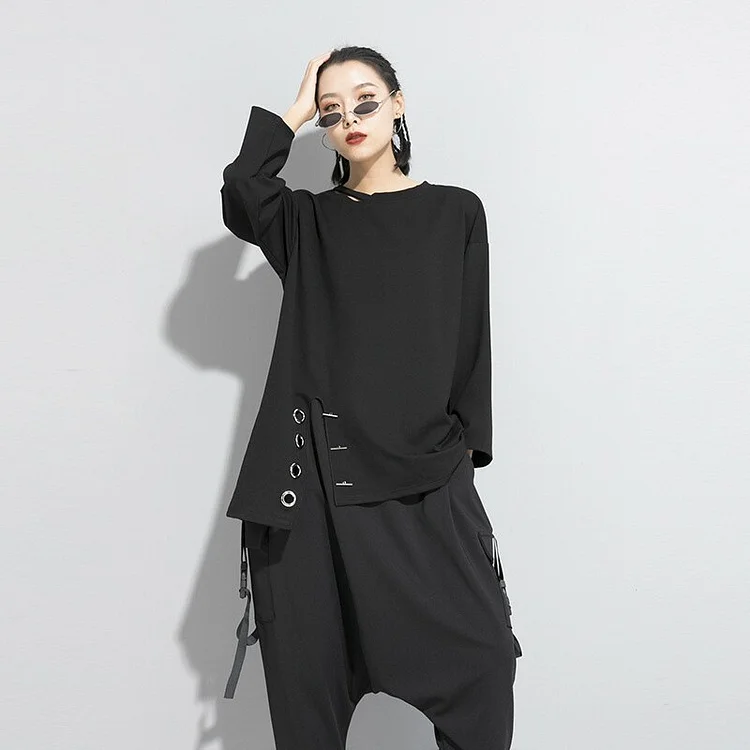 Casual Loose Round Neck Solid Color Asymmetrical Slit Hem Stitch Long Sleeve T-shirt