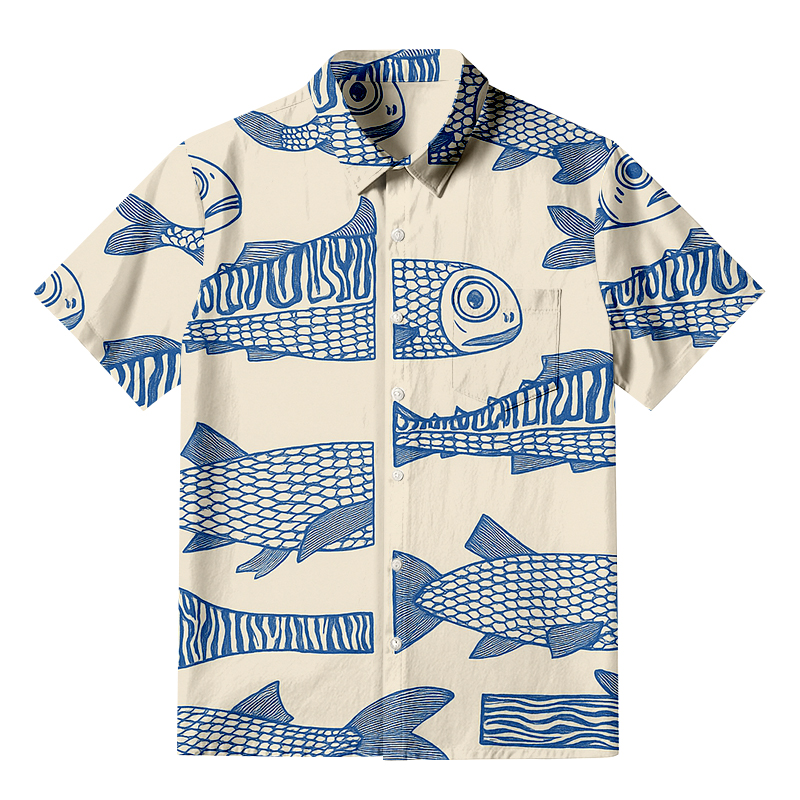 Japanese Blue Fish Button-up Shirt  artssus