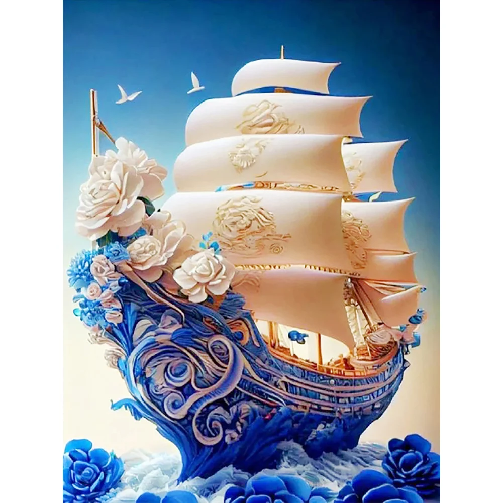 Full Round Diamond Painting - White Rose Ship(Canvas|30*40cm)