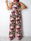 Floral Print Off-The-Shoulder Backless Wide Leg Loose Suit