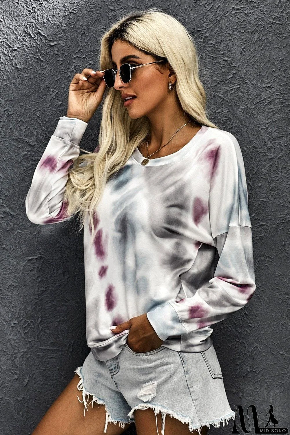 MidiSono - Women Gray Casual Tie-dye Round Neck Sweatshirt