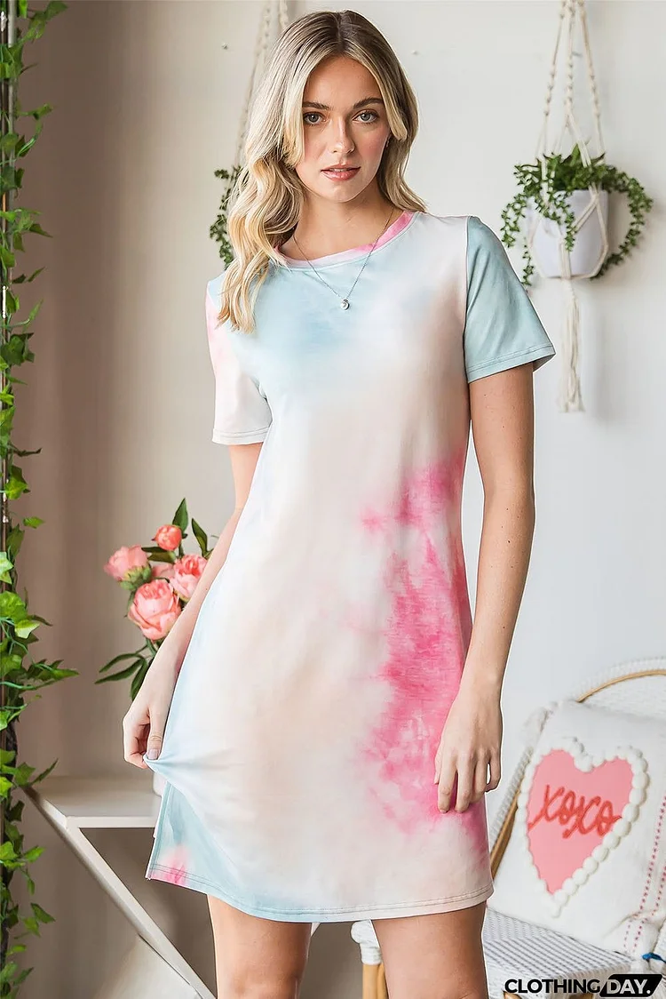 Tie-Dye Round Neck Short Sleeve Slit Dress