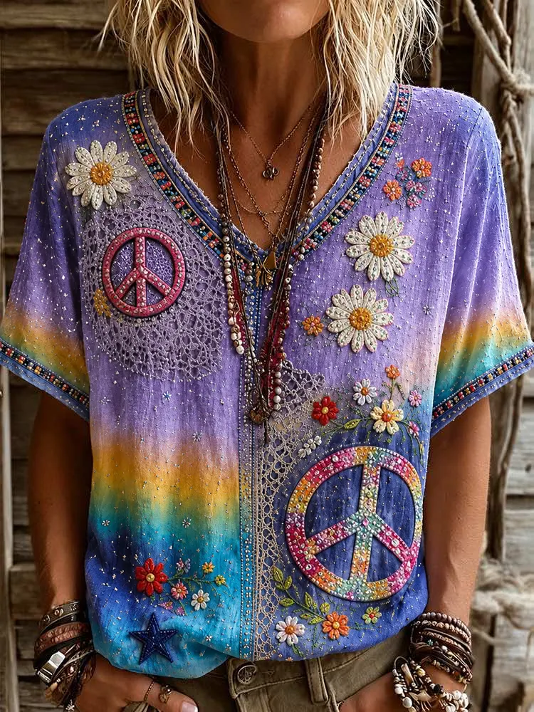 Women's Vintage Hippie Floral Patchwork Art Linen Blend Short Sleeve Tops elevenforest