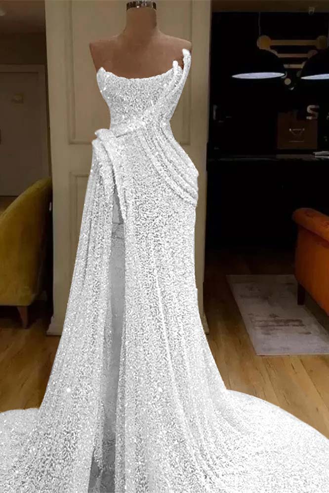 Daisda Mermaid Strapless Long Prom Dress Slit With Sequins
