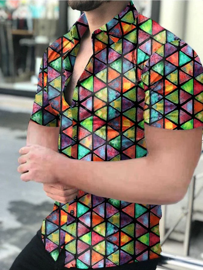 Texture Men's Retro Geometric Print Short Shirt
