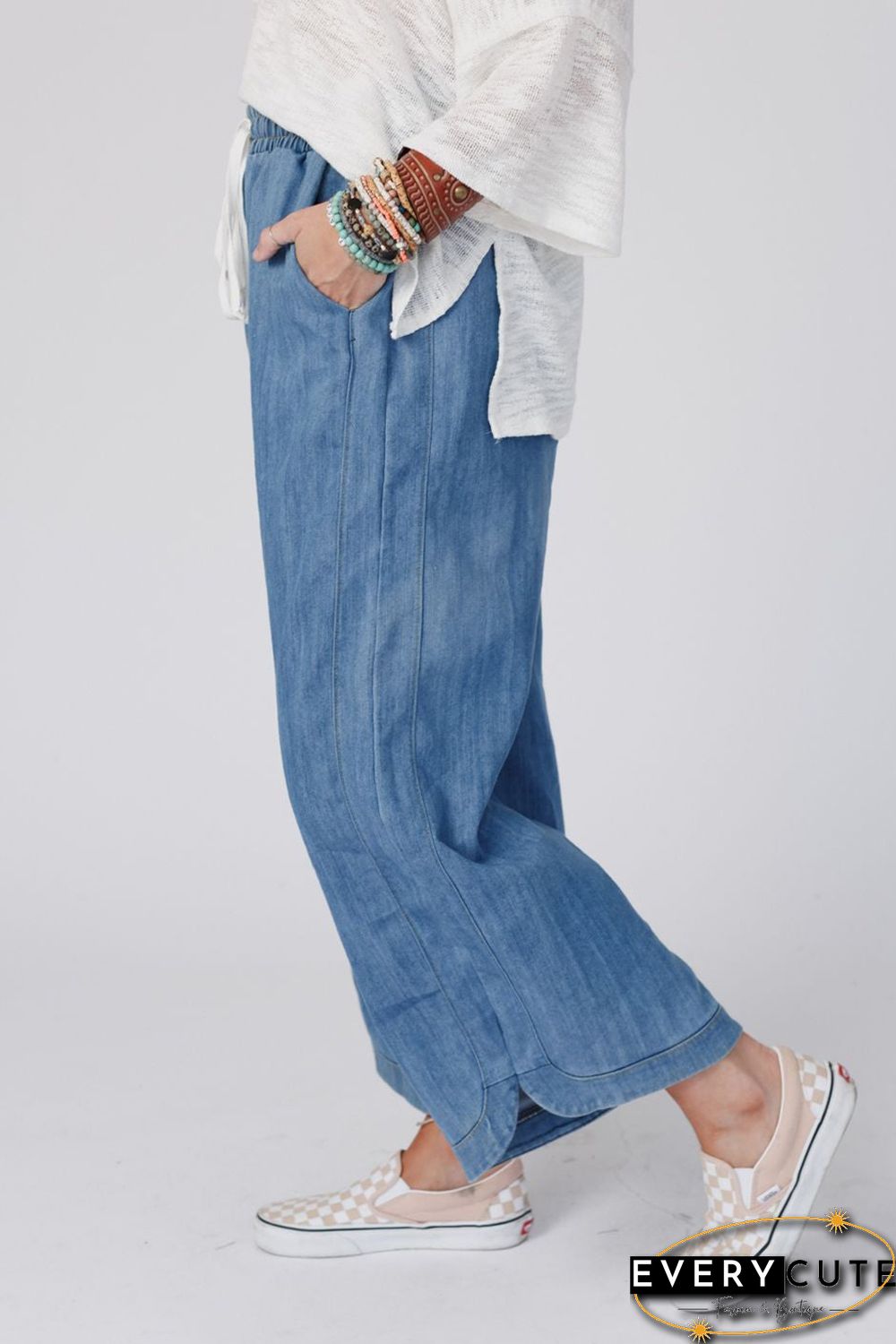 Sky Blue Wide Leg Drawstring Waist Loose Pants