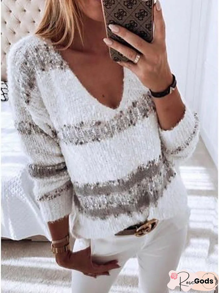 Large Size White Long Sleeve Cotton-Blend V Neck Sweater