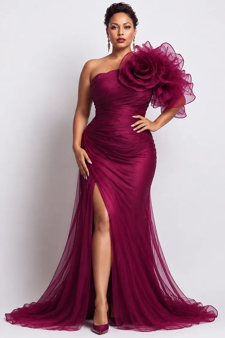 Xpluswear Design Plus Size Formal Burgundy Oblique Collar One Shoulder Short Sleeve 3D Split Chiffon Maxi Dresses [Pre-Order] 2024 - Xpluswear