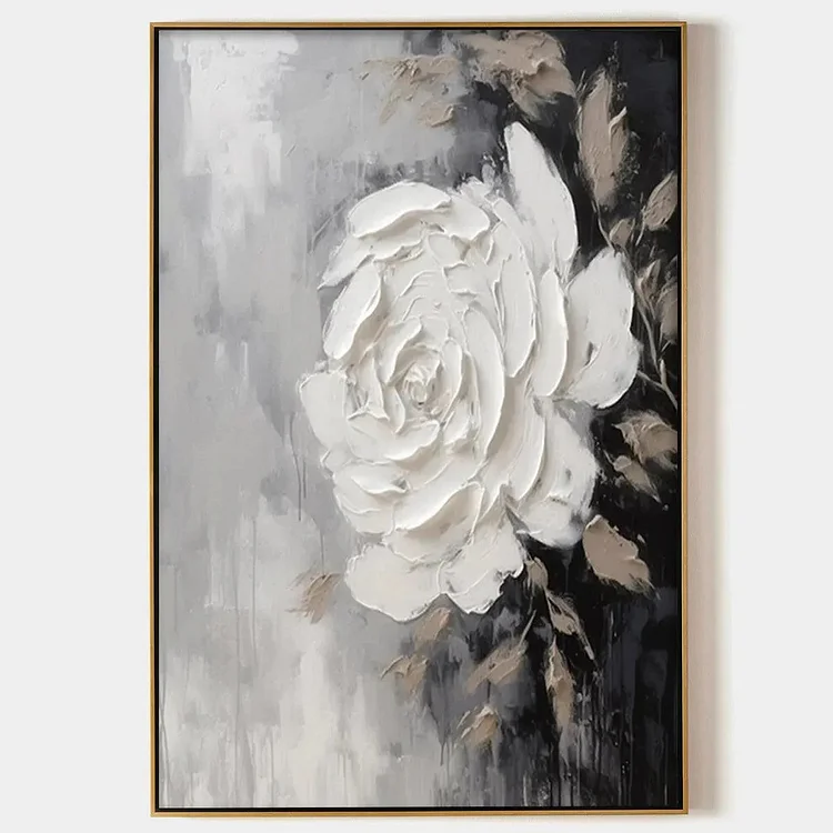 TEXTURED WHITE ROSE: 3D Floral Impasto Painting, Square Wall Art（Canvas painting）