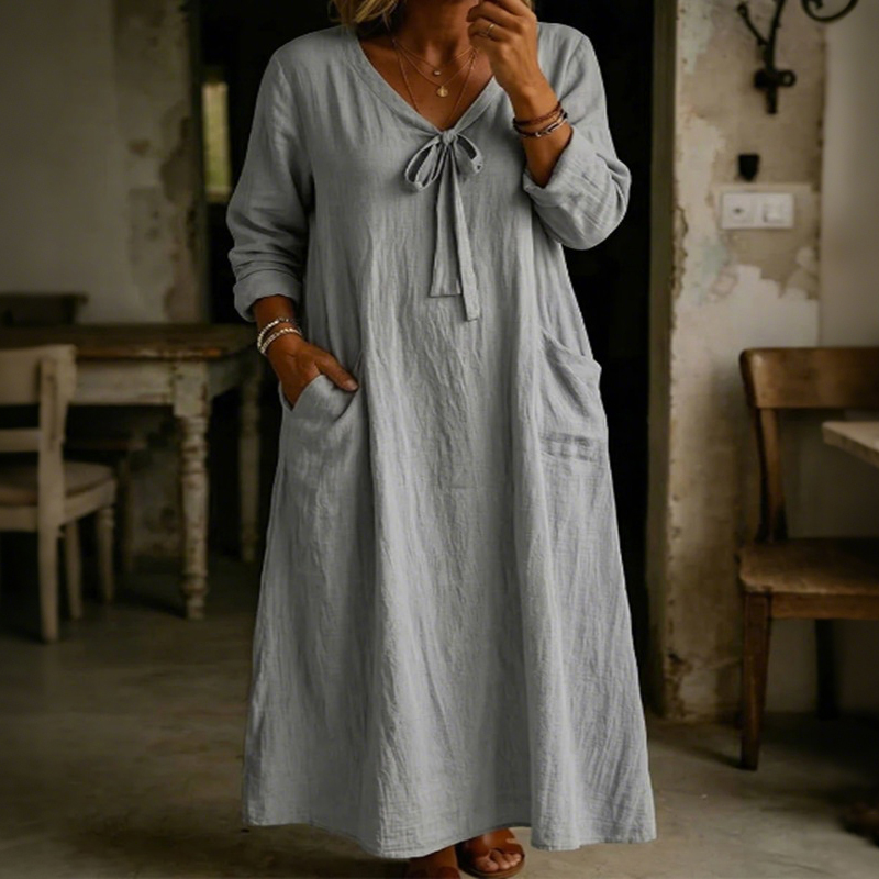 Women's Solid Color Simple V-neck Pocket Linen Blend Loose Midi Dress elevenforest
