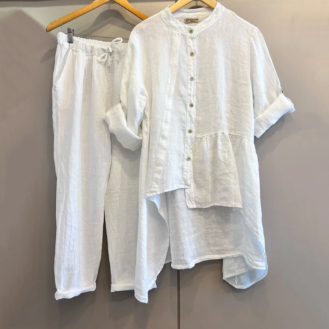 Standing Collar Irregular Hem Long Sleeved Shirt Two Piece Set