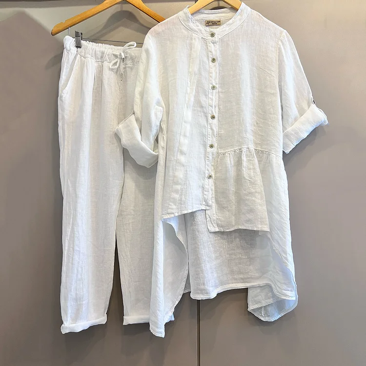 Standing Collar Irregular Hem Long Sleeved Shirt Two Piece Set