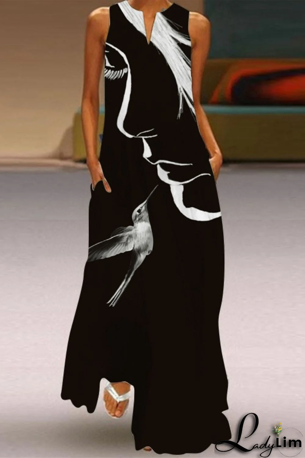 Black Fashion Casual Print Patchwork V Neck Sleeveless Dress