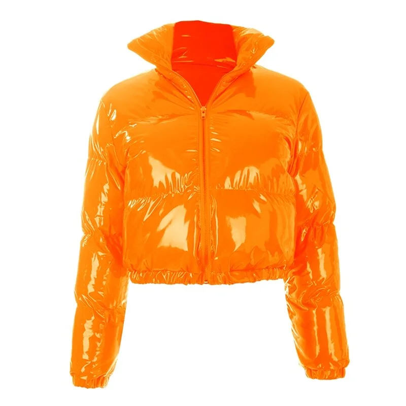 Fashion  Women Quilted Puffer Jackets Long Sleeve Stand Collar Metallic Cropped Down Jackets Street Style Winter Hot Sale S-XL