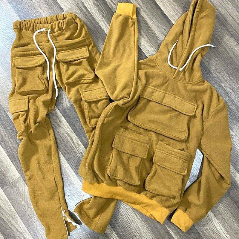 Casual solid color hooded pullover sweater set