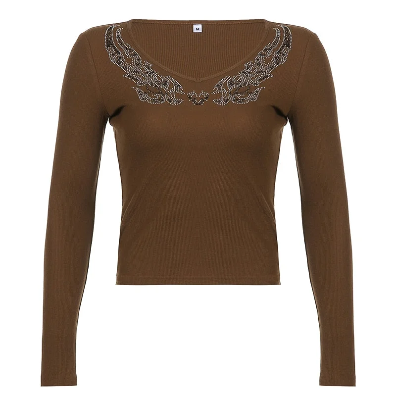 Rapcopter Diamonds Crop Top Black Long Sleeve Knitted T Shirt V Neck Basic Harajuku Pullovers Women Autumn Winter Tee Korean 90s