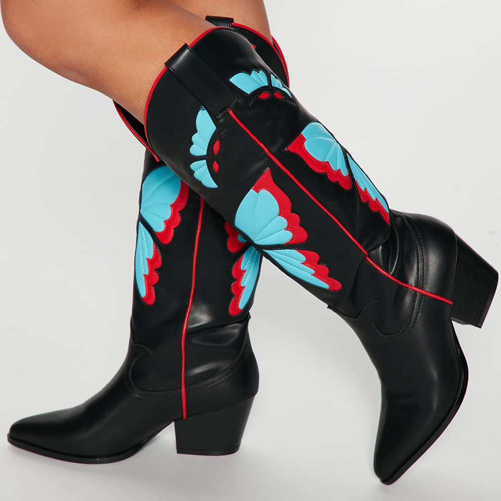 Black Pointed Toe Butterfly Inlay Mid-Calf Western Boots for Women