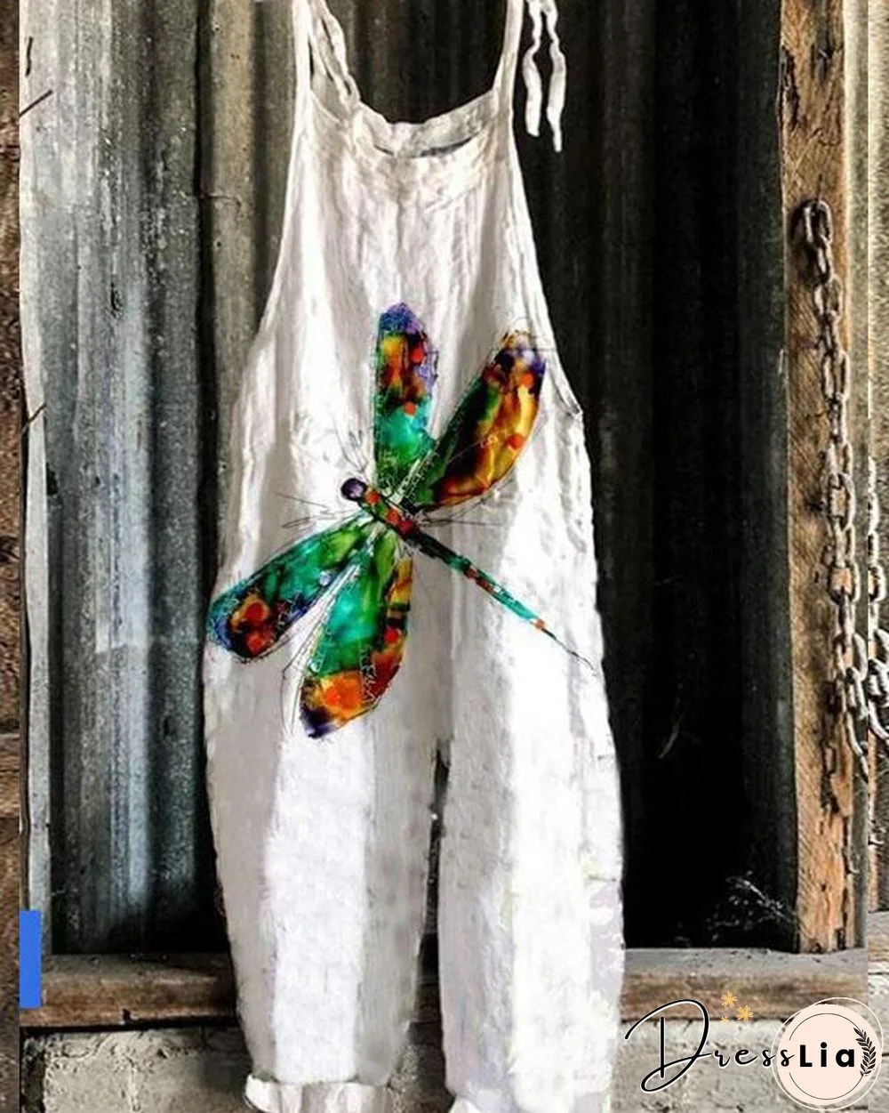 Women Lace Up Strap Dragonfly Print Linen Jumpsuits