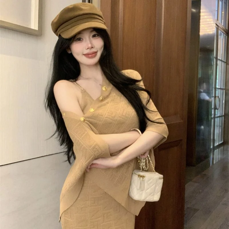 Uveng Uveng Mother Feels Casual Autumn New Beautiful Cardigan Dress Daily Simple Personality Multi-Wear Knitted Dress