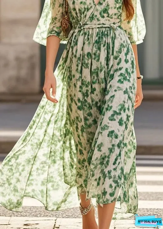 Stylish Green V Neck Print Chiffon Long Dresses Summer