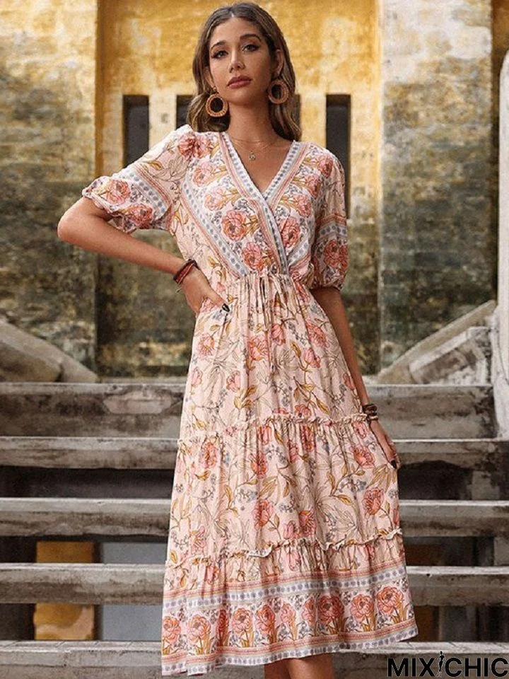 Holiday Style Print V-Neck Bohemian Dress