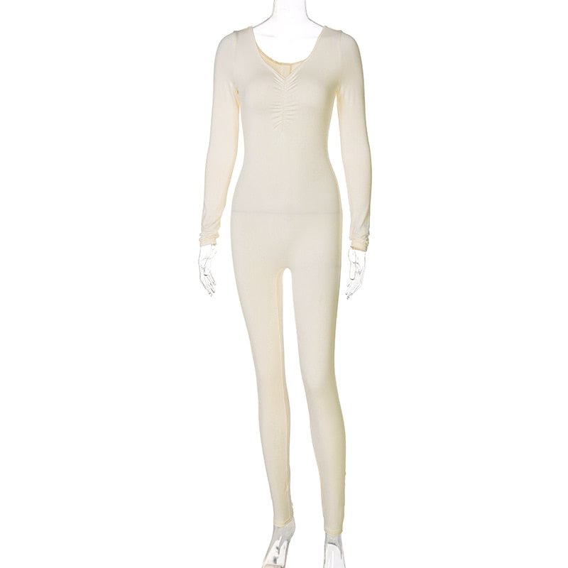 Hugcitar 2021 Solid Long Sleeve V Neck Bodycon Draped Sexy Jumpsuit Summer Autumn Women Fashion Streetwear Party Club Outfits