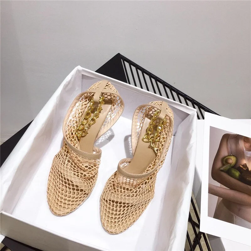 New designer lace air mesh Women Pumps Fashion hollow out shallow chain High heels Elegant Summer Office Ladies Shoes 35-42