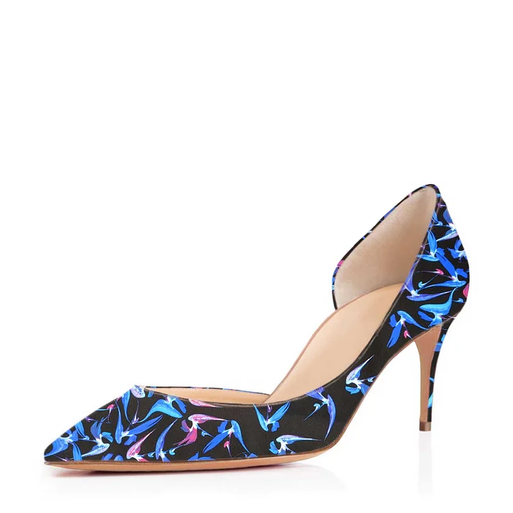 Blue Floral-Print Kitten Heels D'orsay Pumps |FSJ Shoes