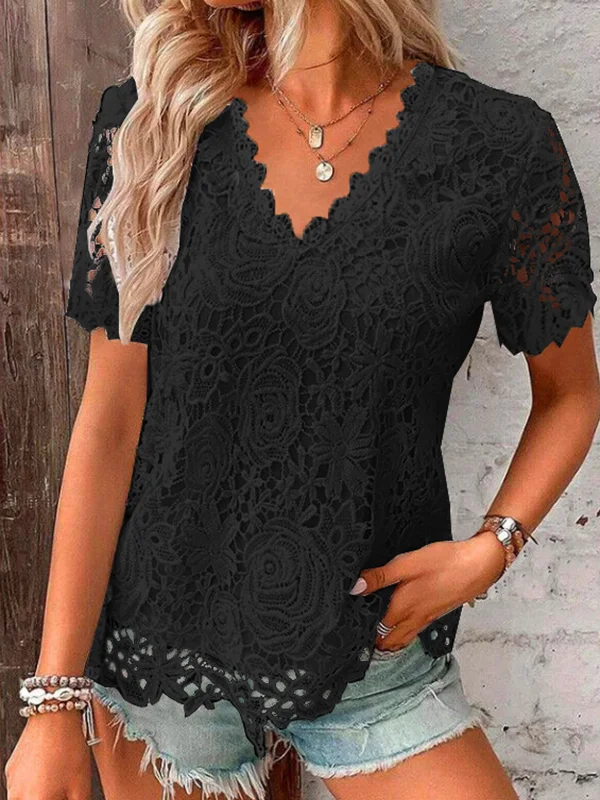 Embroidered Hollow Solid Color Split-Joint Loose Plus Size V-Neck T-Shirts Tops