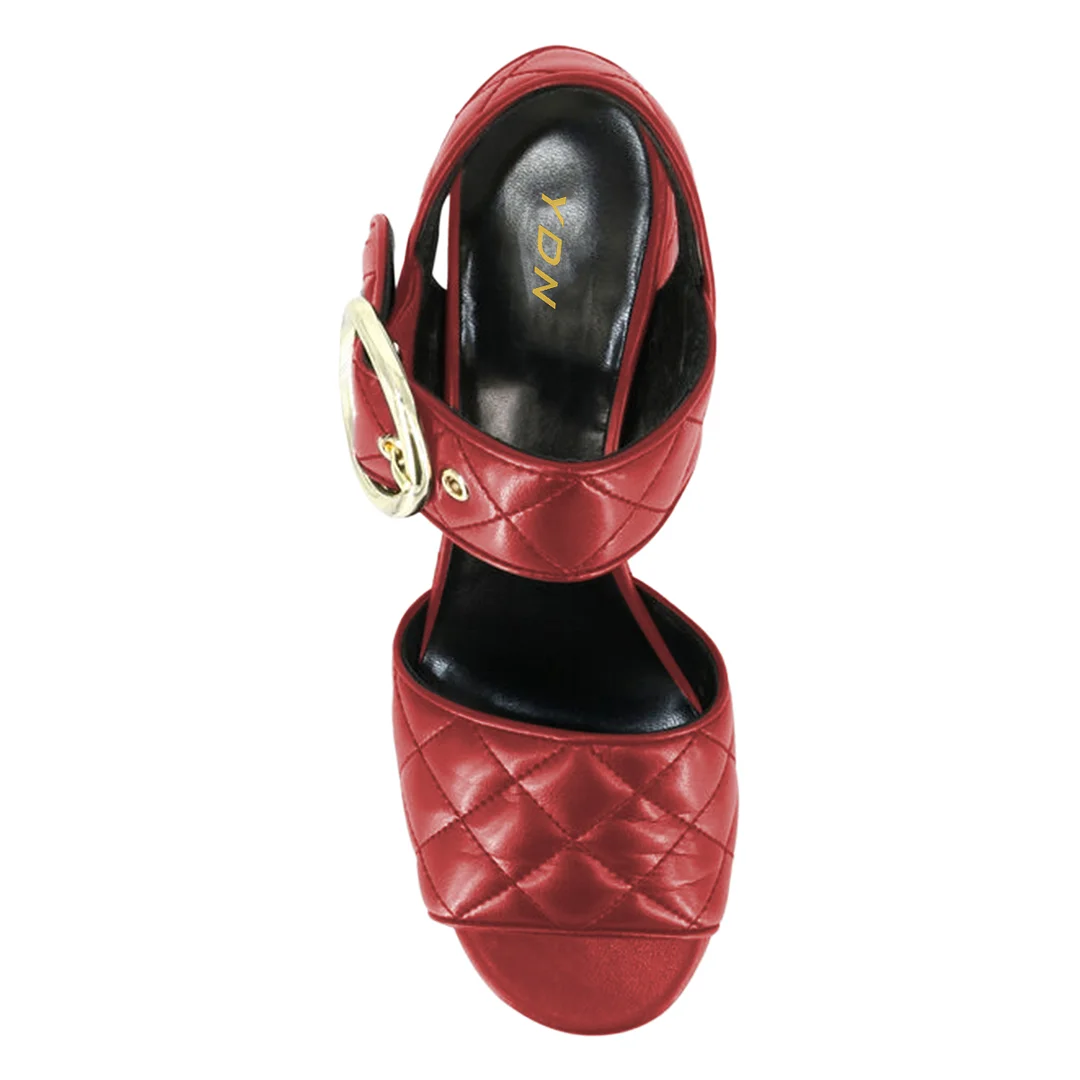 Padded Vegan Leather Platform Strappy Block Heel Sandals in Red