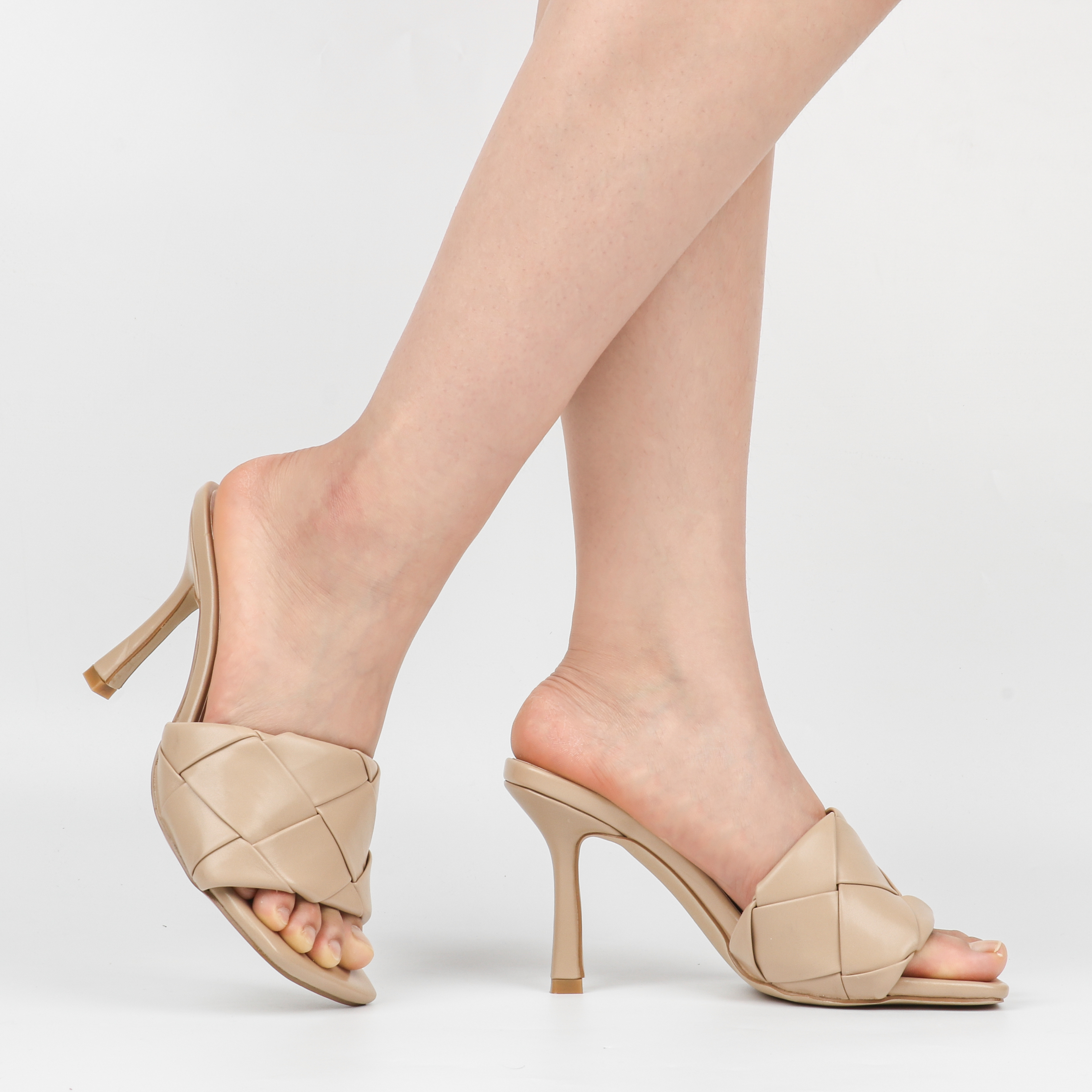 90mm Women's Square Open Toe Sandals Stiletto Heeled Woven Mule Sandals Quilted Backless Classic Daily Slippers-vocosishoes