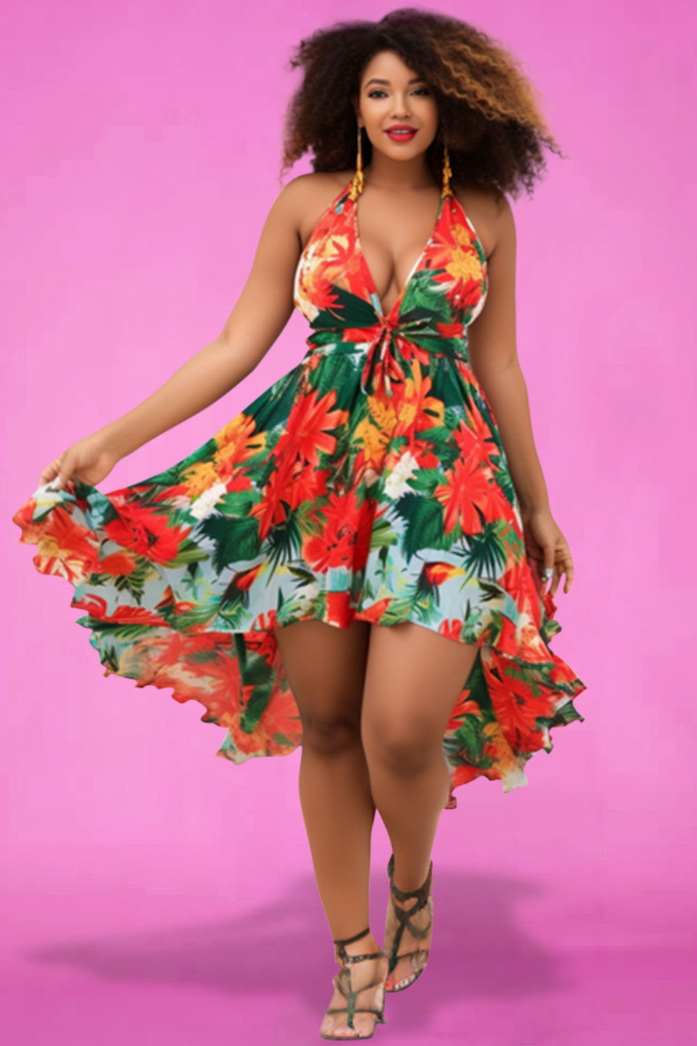 Design Plus Size Beach Red Floral Split Neck Asymmetric Hem Swimsuit Fabric Swimwear Dress [Pre-Order]