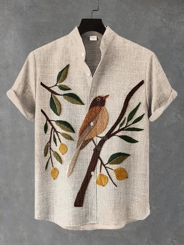 Men's Bird On Branch Embroidery Art Print Casual Shirt