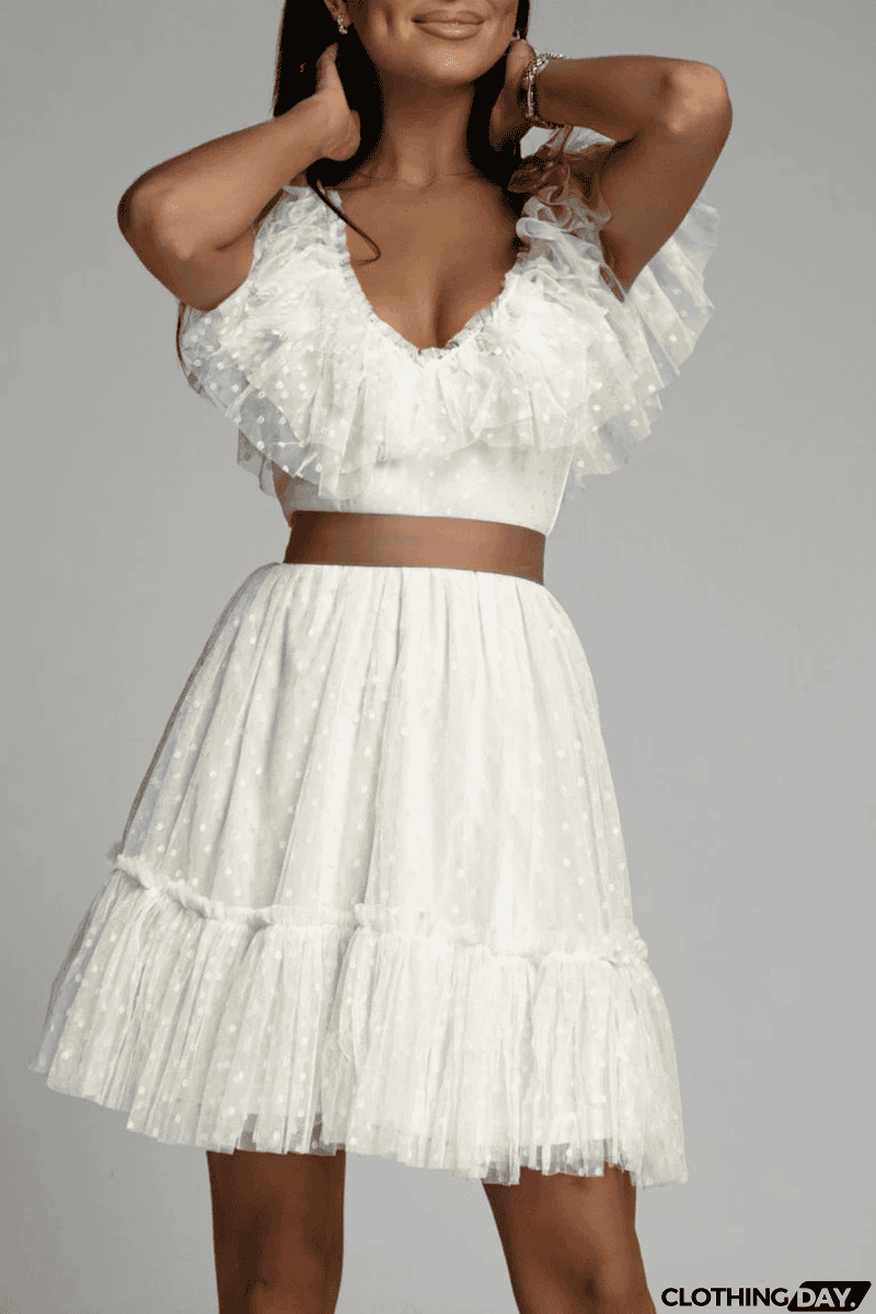 Dot Mesh V Neck Cake Skirt Dresses