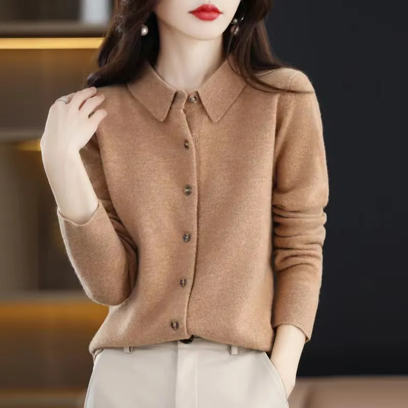 Churchf Churchf And Autumn POLO Collar Knit Shirt With Loose Long-Sleeved Sweater Non-Cashmere Cardigan Temperament Lapel Coat