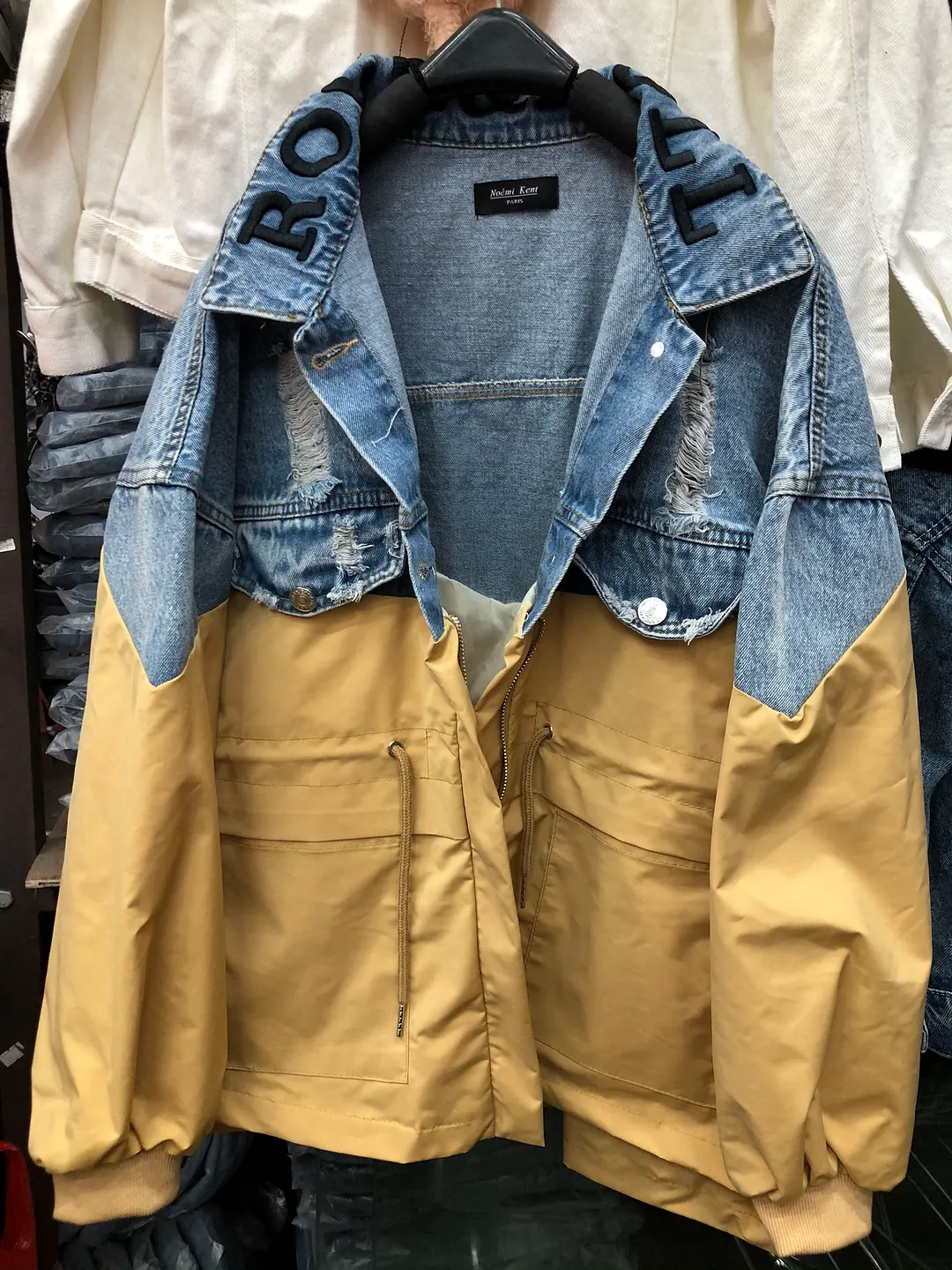 Patchwork Denim Women's Windbreaker Lapel Lantern Sleeve Hit Color Drawstring Plus Size Coat Female 2021 Autumn Fashion Clothes