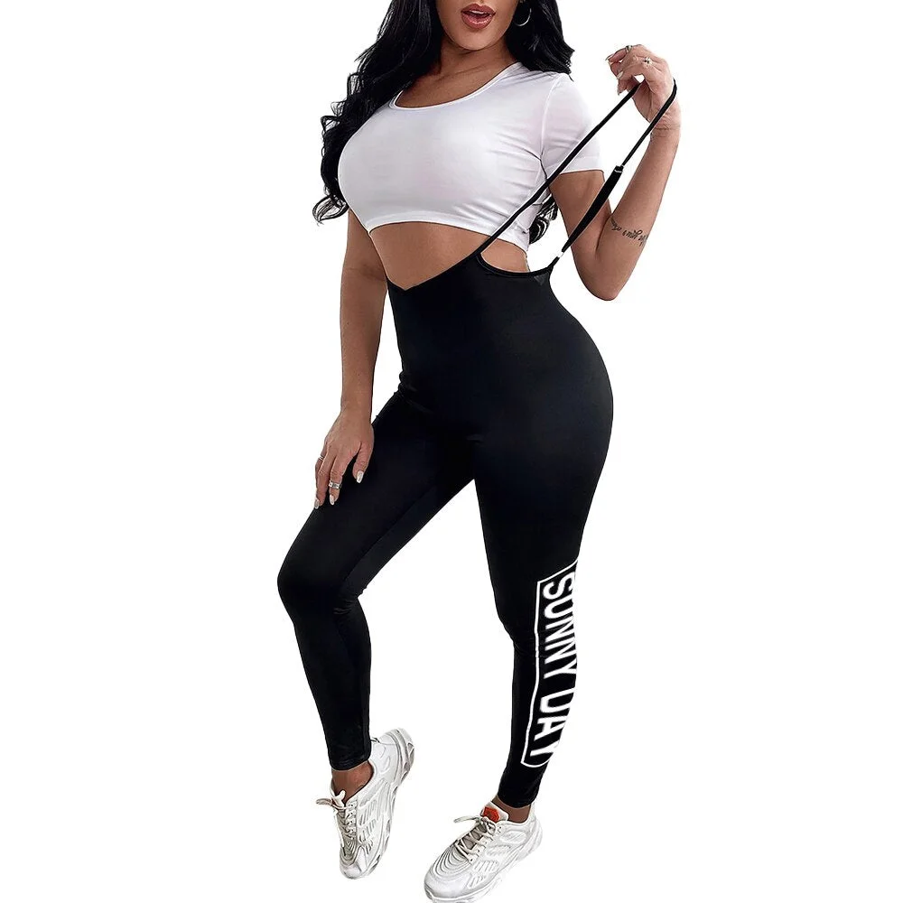 2Pcs Set Women Letter Print High Waist Suspender Skinny Sport Pants Solid Color White Round Neck Short Sleeve Lady Crop Top D30