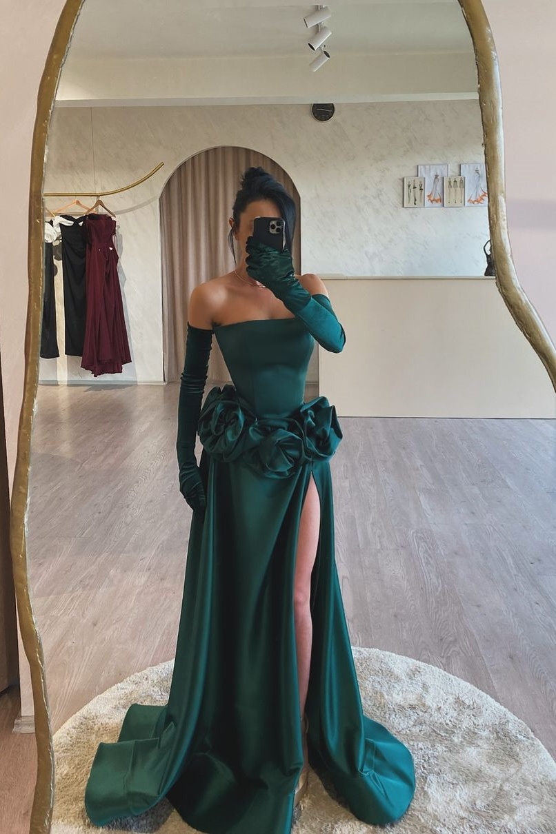 Ovlias Dazzling Dark Green Long Sleeve Backless Flower Satin Prom Dress LY0353