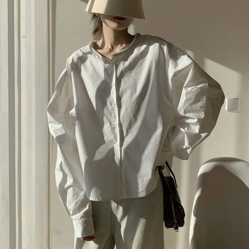 Athvotar Athvotar Spring Round Collar Single Buckle Pearl Necker Casual Striped Shirt Women Casual Ocean Sweet Top