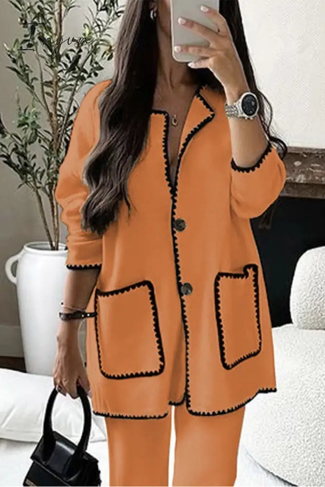 Ingvn - Casual Solid Pocket O Neck Long Sleeve Two Pieces Tangerine / S Pieces/Two-Piece Pants Set