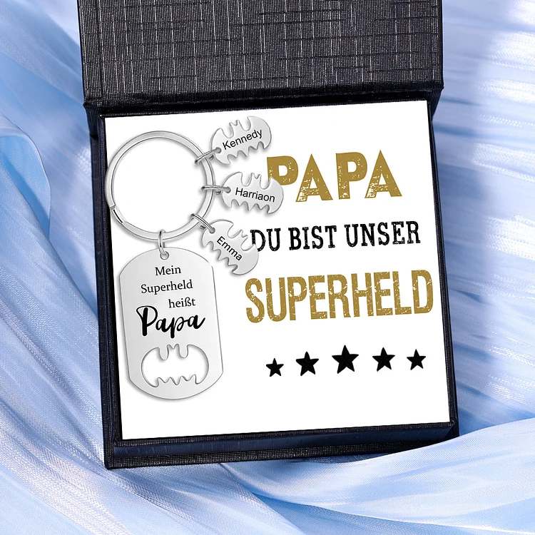 Kettenmachen Personalisierbare 3 Namen Unser Superheld heißt Papa Batman Schlüsselanhänger-Geschenk mit Nachrichtenkarte