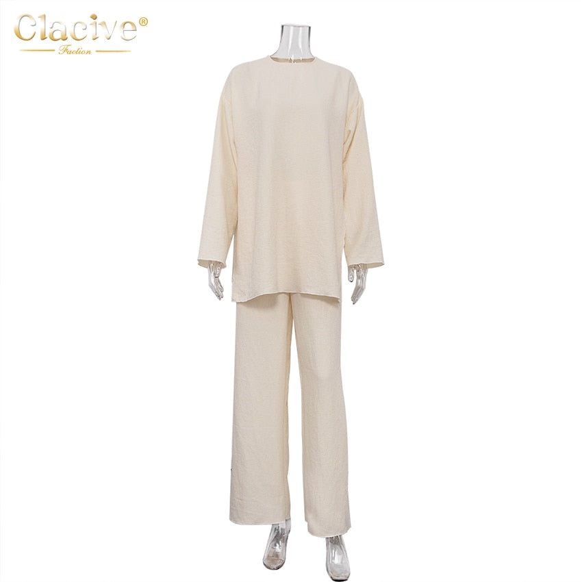 Clacive Fashion Loose 2 Piece Pants Set Women Casual Long Sleeve T-Shrit Matching Wide Trousers Suit Vintage High Wasit Pant Set
