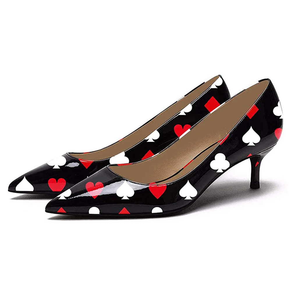Black Patent Leather Poker Print Kitten Heel Pumps for Women