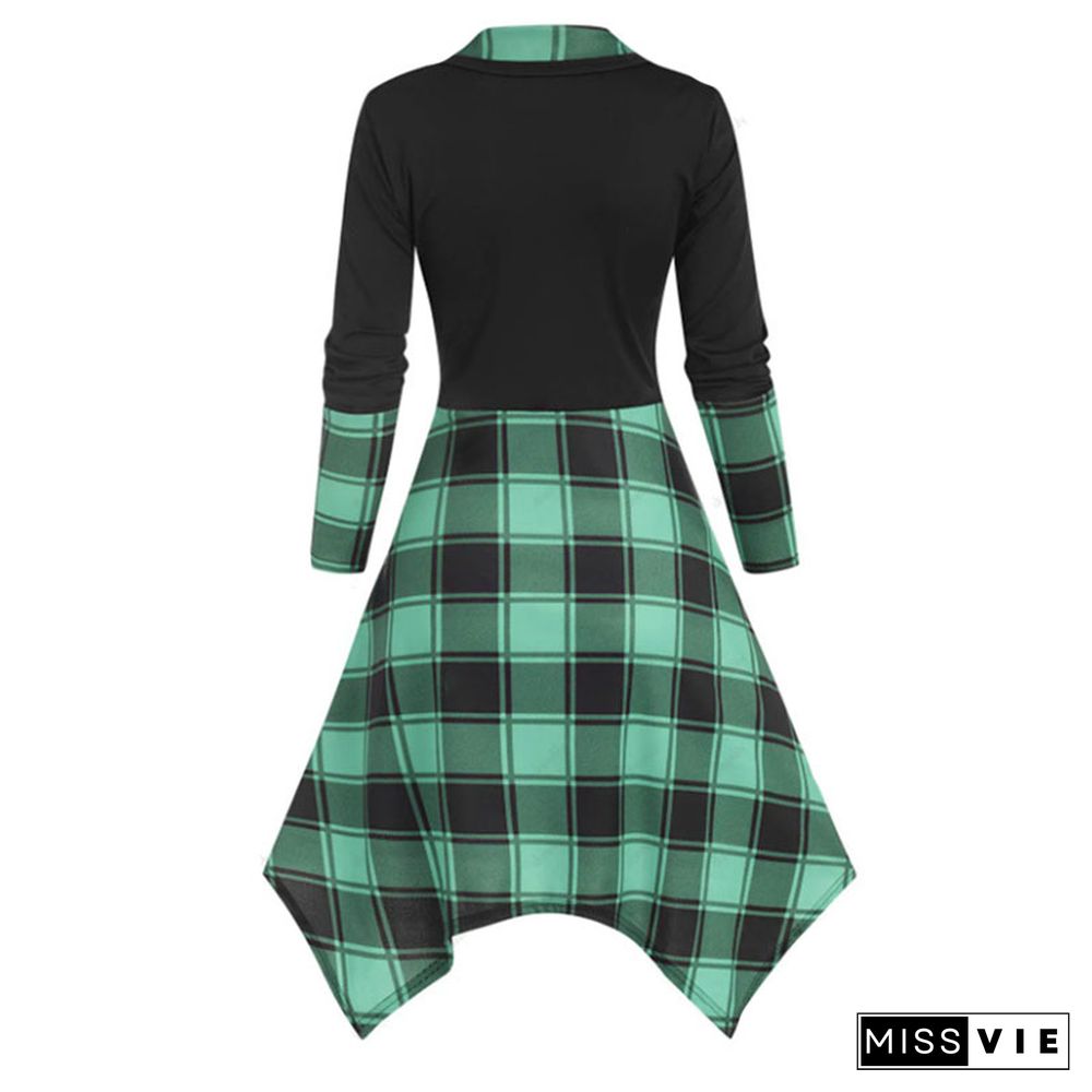 Lapel Button Decor Plaid Splice Irregular Dress