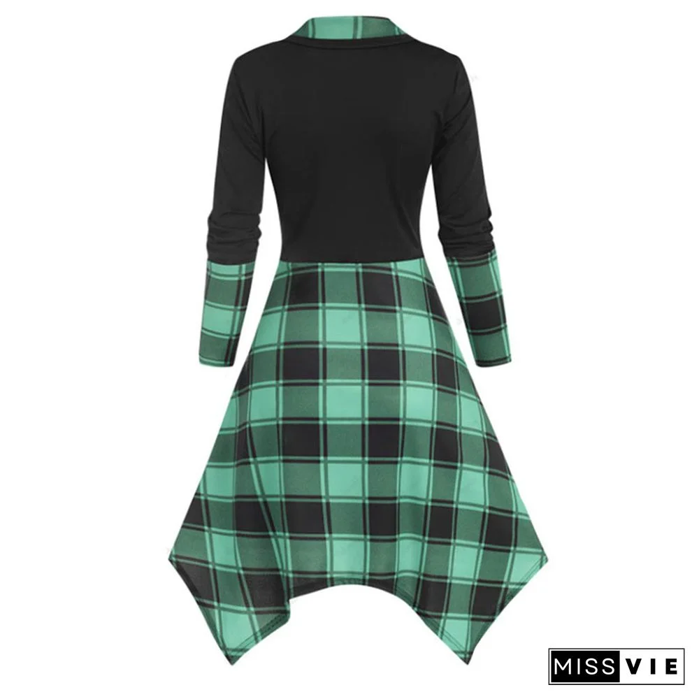 Lapel Button Decor Plaid Splice Irregular Dress