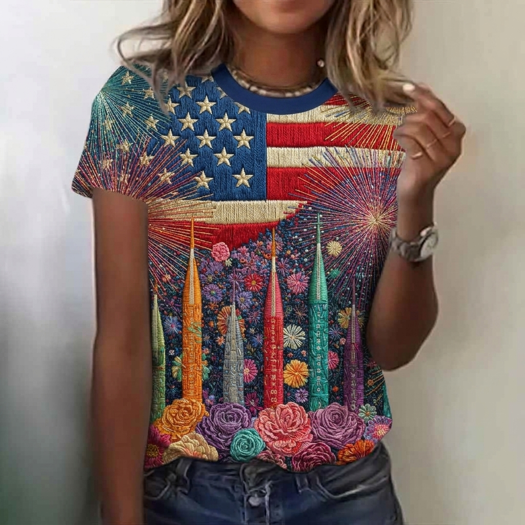  Women's Retro 1776 Independence Day Flag And Floral Print Casual T-shirt Westsshops