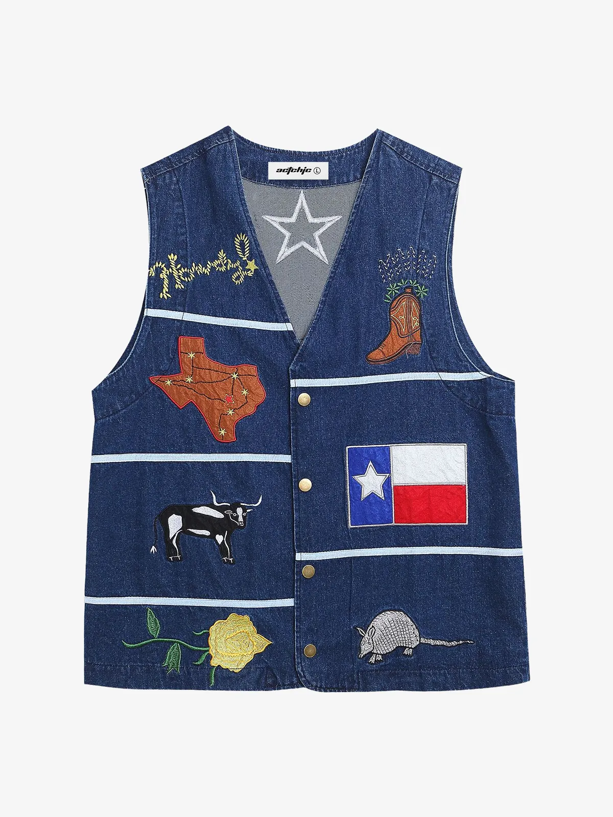 Blue Act Chic Animal Patch Embroidery V-Neck Denim Vest Front
