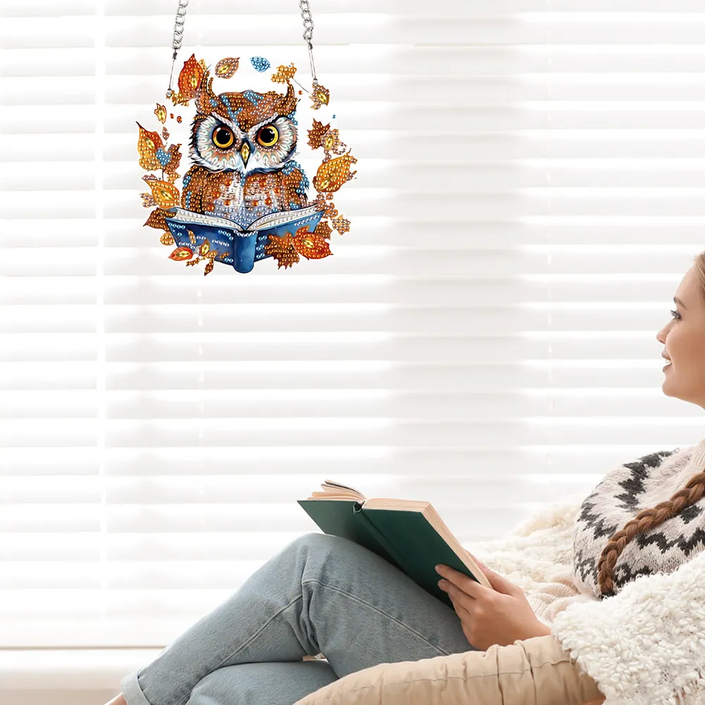 DIY Autumn Owl Special Shape Diamond Painting Hanging Pendant